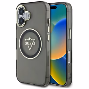 Guess IML Metal Mountain Logo Magnetinis dėklas iPhone 16 - juodas