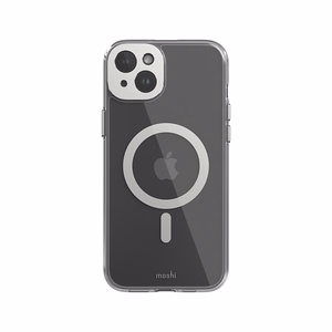 Moshi iGlaze MagSafe dėklas, skirtas iPhone 15 Plus, skaidrus su „Luna Silver“ spalvos detalėmis