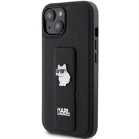 Karl Lagerfeld Gripstand Saffiano Choupette Pins dėklas telefonui iPhone 15 - juodas