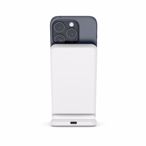 Crong MagSpot Stand 2 viename belaidis įkroviklis, skirtas iPhone ir AirPods, suderinamas su MagSafe, baltas