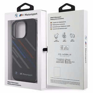 BMW Motosport IML atsitiktinės juostos iPhone 16 Pro dėklas - juodas