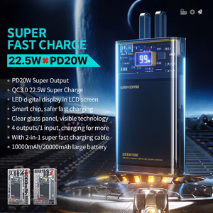 WEKOME WP-323 Vanguard Series išorinė baterija, 10000 mAh, PD 20 W + QC 22,5 W, su integruotais USB-C ir Lightning laidais, juoda ir skaidri
