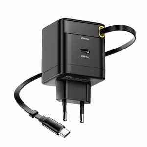 Įkroviklis Essager Ruizi juodas 65W (1xPD) + integruotas Type-C laidas