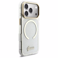 Guess IML Glitters Script Dirželis MagSafe Dėklas for iPhone 17 Pro - Clear