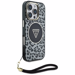 Guess HC IML leopardas trikampio virvelės dirželis MagSafe dėklas iPhone 16 Pro - juodas