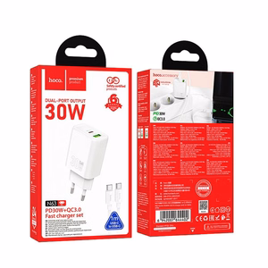 Įkroviklis telefonui Hoco USB A + USB C QC3.0 PD 3A 30W + kabelis USB C į USB C N63 baltas