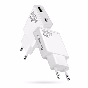 EVERACTIVE GaN tinklo įkroviklis 1× USB-C, 1× USB Quick Charge 3.0 45 W PD, baltas