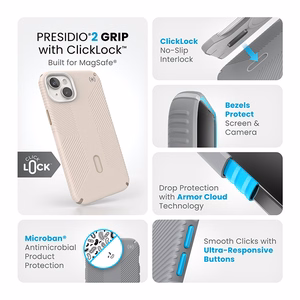 Speck Presidio2 Grip MagSafe dėklas su ClickLock, skirtas iPhone 15 Plus / 14 Plus, „Bleached Bone / Heirloom Gold“ spalvos