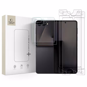 „Tech-Protect“ apsaugų rinkinys, skirtas „Samsung Galaxy Z Flip 7 / 8“: „Glass Fit+“ grūdintas stiklas, 2 vnt., ir „Hydro Flex+“ hidrogelio plėvelė, 2 vnt.