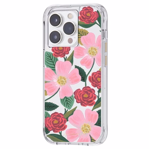 Rifle Paper Clear dėklas, skirtas iPhone 14 Pro, su aukso spalvos dekoru, „Rose Garden“ rašto