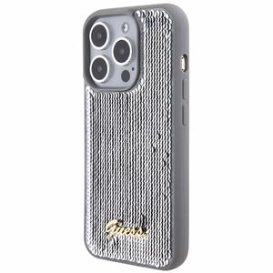 Guess Sequin Script Metal dėklas telefonui iPhone 15 Pro Max - sidabrinis