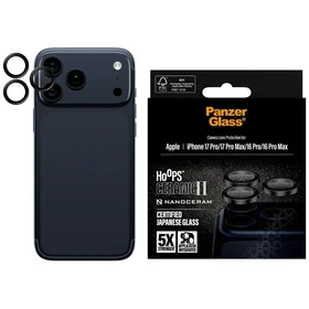 "PanzerGlass Hoops Ceramic II" kameros objektyvo stiklas, skirtas "iPhone 17 Pro" / "17 Pro Max" / "16 Pro" / "16 Pro Max" - juodas