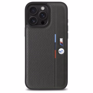BMW M perforuota trispalvė linija iPhone 16 Pro dėklas - tamsiai pilkas
