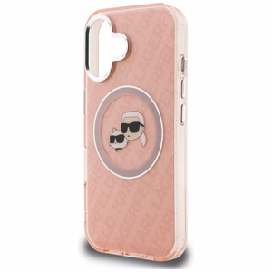 Karl Lagerfeld IML Glitter Karl & Choupette Heads Logo MagSafe dėklas iPhone 16 - rožinis