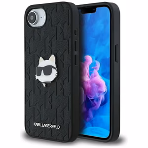 Чехол Karl Lagerfeld Monogram Choupette Head Pin для iPhone 16e - чёрный