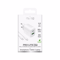 Puro PROLITE 30W USB-A / USB-C sieninis įkroviklis + USB-C - USB-C kabelis 1.2m - baltas