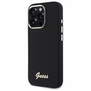 "Guess" silikoninis korpusas su metaliniu logotipu ir rėmeliu, skirtas "iPhone 16 Pro" - juodas
