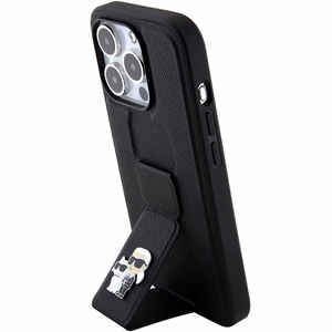 Karl Lagerfeld dėklas telefonui su stovu Gripstand Saffiano Karl&Choupette Pins iPhone 15 Pro - juodas