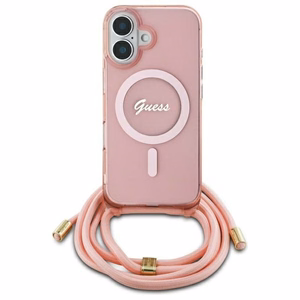Guess Crossbody Cord Script MagSafe Dėklas telefonui Apple iPhone 16 - rožinis