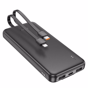 Išorinė baterija Hoco 10000 mAh 2A su įmontuotais kabeliais USB C + Lightning J118 juoda