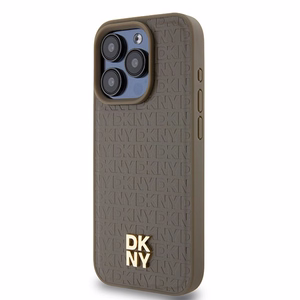 DKNY Odinis monogramos rašto metalinis logotipas Magnetinis dėklas iPhone 15 Pro - ruda