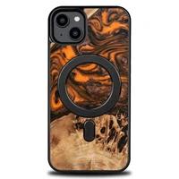 Medinis ir dervos dėklas telefonui iPhone 15 Plus Magnetinis Bewood Unique Orange - oranžinė ir juodas