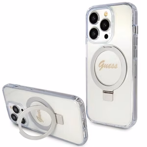 Guess dėklas telefonui su stovu Ring Stand Script Glitter magnetinis iPhone 15 Pro - permatomas