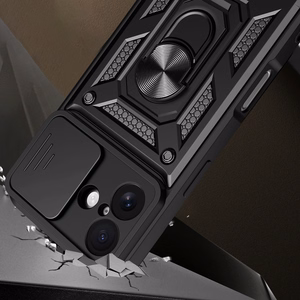 Hibridinis šarvuotas Camshield dėklas iPhone 17 su stovu ir kameros dangteliu - juodas