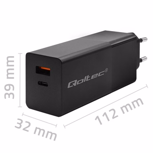 Qoltec 52382 GaN POWER PRO įkroviklis | 1xUSB type C | 1xUSB A | 100W | 5-20V | 1.5-5A | PD | juodas
