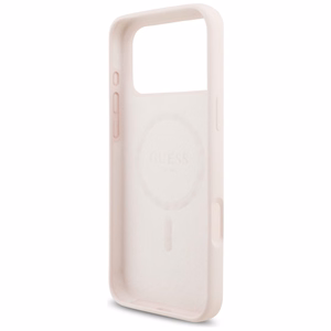 rožinis Guess Silicone Script Metal Logo MagSafe dėklas Iphone 18 Pro Max / iPhone 17 Pro Max