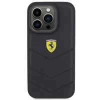 Ferrari dygsniuotas metalinis logotipo dėklas telefonui iPhone 15 Pro – juodas