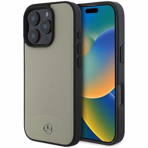 Mercedes MB tekstūruotos ir lygios odos magnetinis dėklas iPhone 16 Pro Max - smėlio spalvos