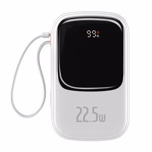 Baseus Qpow su skaitmenine indikacija išorinė baterija su greitu įkrovimu 20000mAh 22.5W QC/PD/SCP/FCP su įmontuotu USB-C kabeliu balta