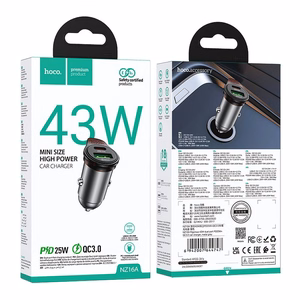 Automobilinis įkroviklis Hoco USB A + USB C QC3.0 PD 3A 43W + kabelis USB C į Lightning NZ16A metalinis pilkas