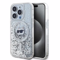 Karl Lagerfeld Skystas blizgučiai Choupette Head Magnetinis dėklas telefonui iPhone 15 Pro Max - permatomas
