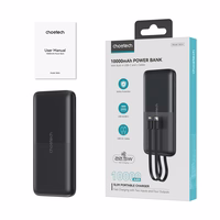 Išorinė baterija Choetech B654 10000mAh 22,5W USB-A / USB-C / micro USB su integruotu USB-C / Lightning laidu (juoda)