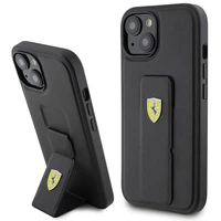 Ferrari Grip Stand Metal Logo dėklas iPhone 15 – juodas