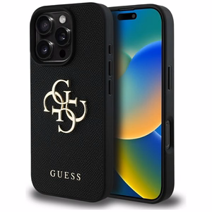Guess grūdėtas didelis 4G logotipas mažas klasikinis logotipas dėklas iPhone 16 Pro Max - juodas