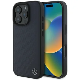 Mercedes MB MagSafe dėklas iPhone 16 Pro Max iš odos, imitacijos medžio - Tamsiai mėlynas