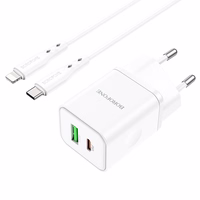 Borofone Sieninis įkroviklis BN7 - USB + Type C - QC 3.0 PD 20W su Type C į Lightning kabeliu baltas