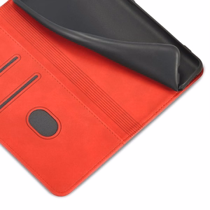 Magnetinis puošnus dėklas Samsung Galaxy S23+ su atverčiamu piniginės dangteliu ir stovu raudona