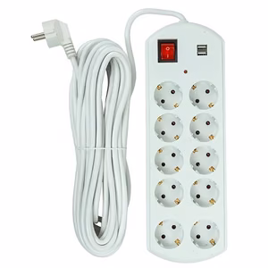 Buitinis ilgiklis 10m, 10 lizdų, 2x USB, su jungikliu