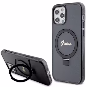 Guess Ring Stand Script Glitter Magnetinis dėklas telefonui iPhone 12/12 Pro - juodas