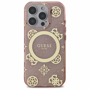 Guess IML Peony On 4G Background Magnetinis dėklas iPhone 16 Pro - rožinis