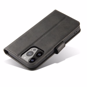 Piniginės tipo dėklas telefonui su stovu iPhone 15 Pro magnetinis dėklas - juodas