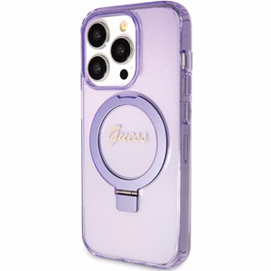 Guess dėklas telefonui su stovu Ring Stand Script Glitter magnetinis iPhone 15 Pro - violetinis