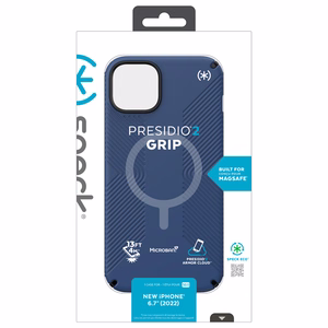 Speck Presidio2 Grip MagSafe case for iPhone 14 Plus, with non-slip grip, Coastal Blue / Black / White