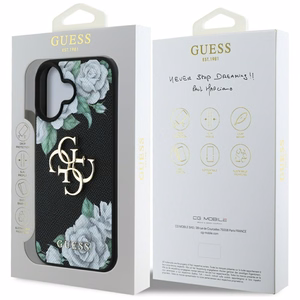 Guess Grained Roses Big 4G logo dėklas telefonui iPhone 16 - juodas