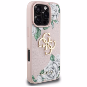 Guess Grained Roses Big 4G logo dėklas telefonui iPhone 16 Pro Max - rožinis