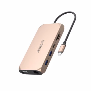 Orico XCR 12 viename USB-C prijungimo stotelė 3x USB-A 3.1 1x USB-A 2.0 1x USB-C PD 100W 1x USB-C 3.1 1x HDMI 1.4 4K 30Hz 1x VGA 1080p 1x SD 3.0 1x microSD 3.0 1x RJ45 Gigabit Ethernet 1x garso CTIA 3.5 mm - rožinis auksas